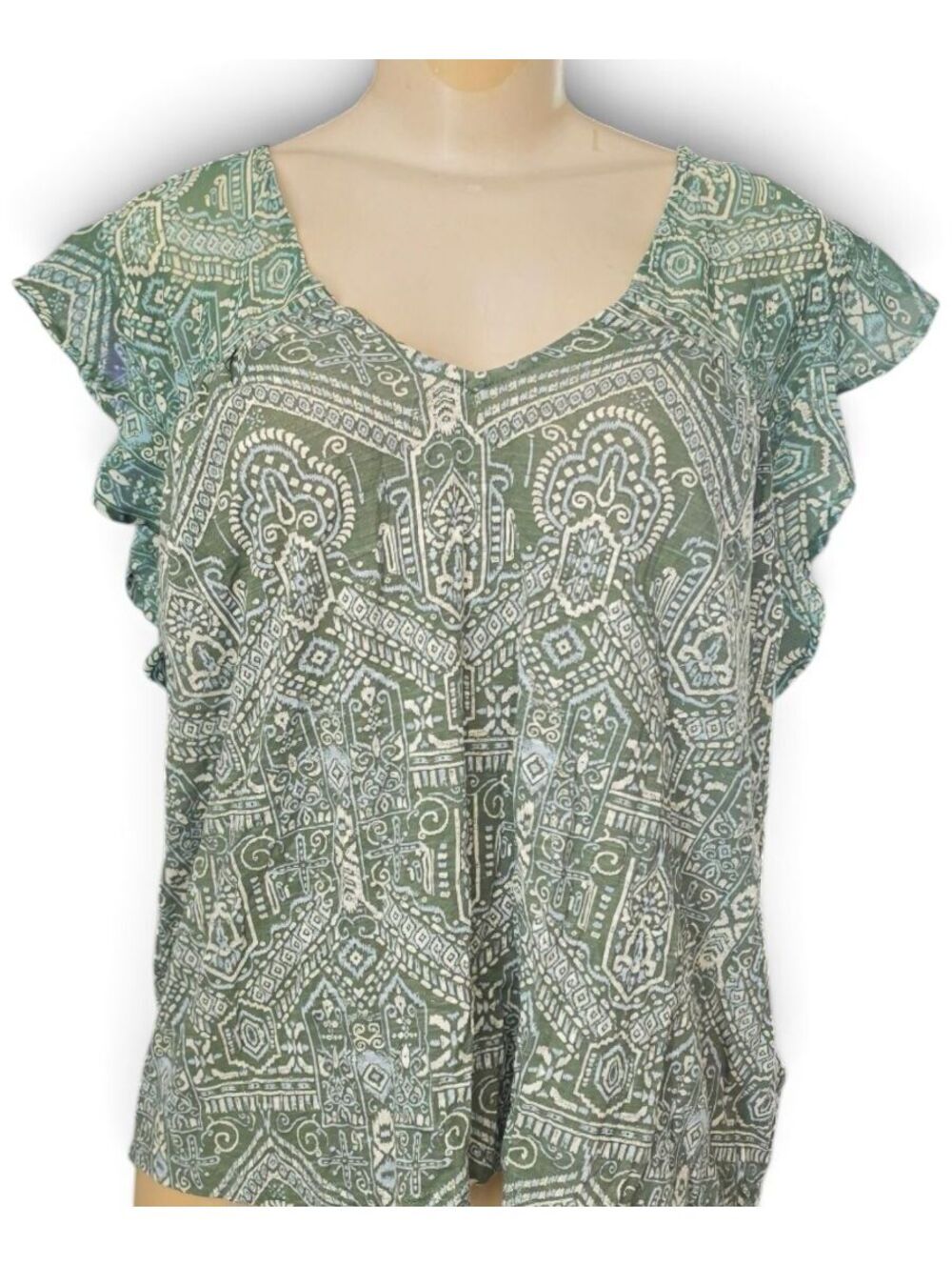 Lucky Brand Green Paisley Print Flutter Sleeve Top Boho Blouse Large